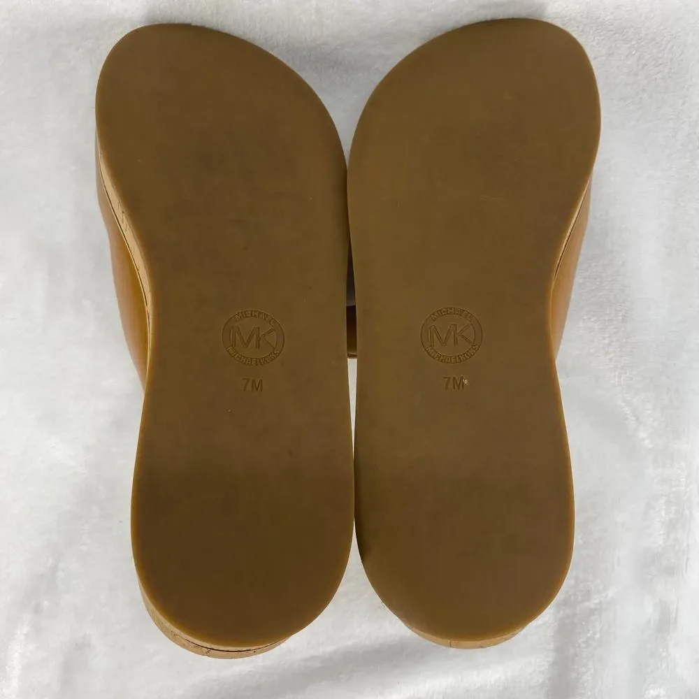 Michael Kors‎ Tan Leather Double Buckle Cork Platform Sandals Slides Sz 7-flaw